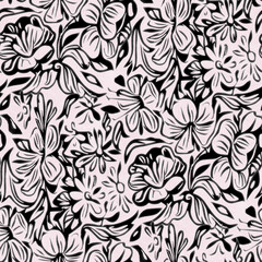 Black and white seamless pattern with flowers.  Ink Drawing.    Hand-drawn illustration.