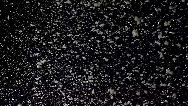 A dense heavy blizzard snowstorm VFX insert in slow-motion on black screen. Black screen Christmas snowstorm. Particles swirling moved by wind. Snow is moving through space. Snowstorm on black.