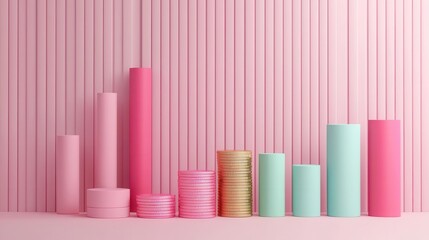 Expanding financial assets, stacked coins and growth charts, wealth concept, 3D illustration