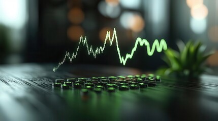 Surging stocks, green line over rising chart, successful trading day, 3D illustration