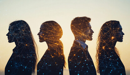 Silhouetted business team connected through digital networks at sunset