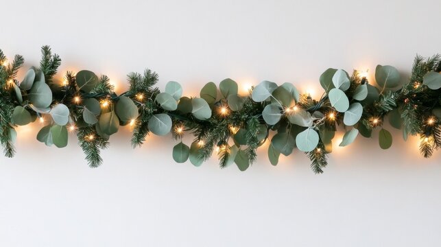 Eucalyptus and Pine Garland with String Lights on White Background