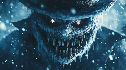 Scary Snowman with Sharp Teeth in a Blizzard, AI generated illustration