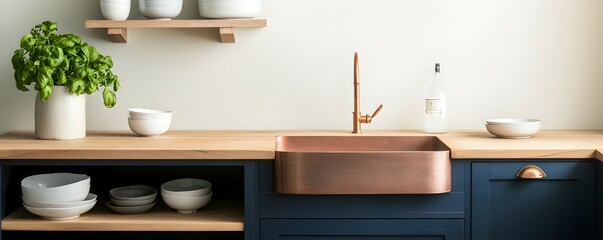 Charming Countryside Kitchen with Blue Cabinets and Copper Sink - Rustic Elegance with Butcher Block Countertops and Open Shelving for a Warm Welcoming Atmosphere
