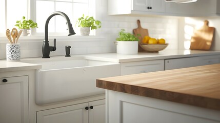 Chic Modern Farmhouse Kitchen with White Cabinets  Butcher Block Island - Cozy Industrial Design Featuring Farmhouse Sink  Stylish Pendant Lights