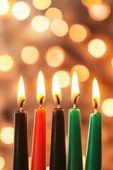 Kwanzaa candles burning in red, black, and green with festive lights in the background creating a cozy atmosphere