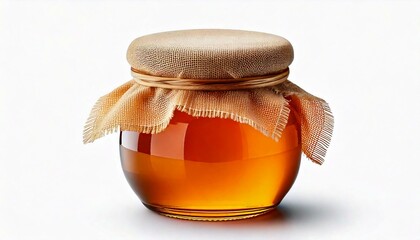 A stylish jar of honey with a cloth cover, showcasing the golden liquid inside, perfect for natural sweetening or culinary use.