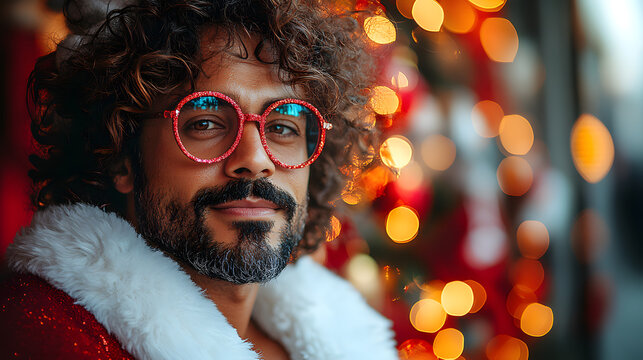 Stylish multiethnic Santa with curly hair among festive holiday lights - Powered by Adobe