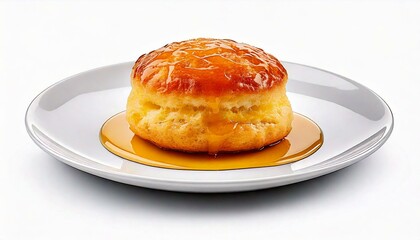 A delectable golden pastry topped with a shiny caramel glaze, resting on a white plate.