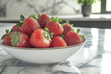 A fresh bowl of juicy strawberries sits invitingly on a marble countertop. A delicious treat waiting to be enjoyed. Perfect for healthy recipes. Generative AI