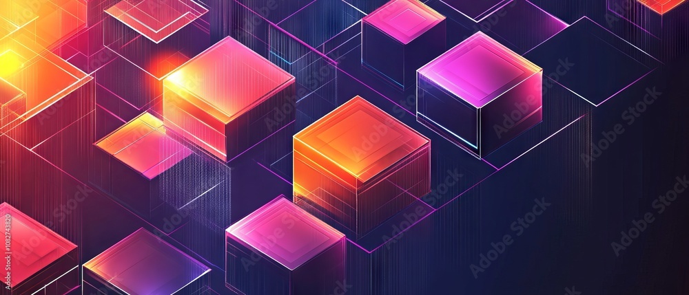 Poster abstract geometric background featuring isometric digital blocks symbolizing blockchain technology a