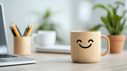 cheerful bamboo mug on modern office desk with plants