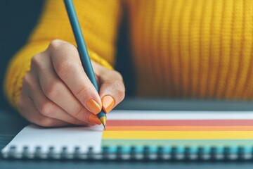 Woman writing on colorful budget planner with pencil