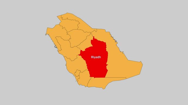 Riyadh map animated video. The location is highlighted on the Saudi Arabia map. Colour map with Gray background in video format.	
