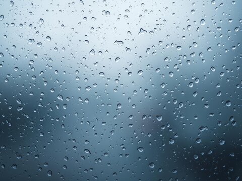 Close-up photo of raindrops on a windowpane, creating a blurred and abstract texture effect, droplets, translucent, rainy day