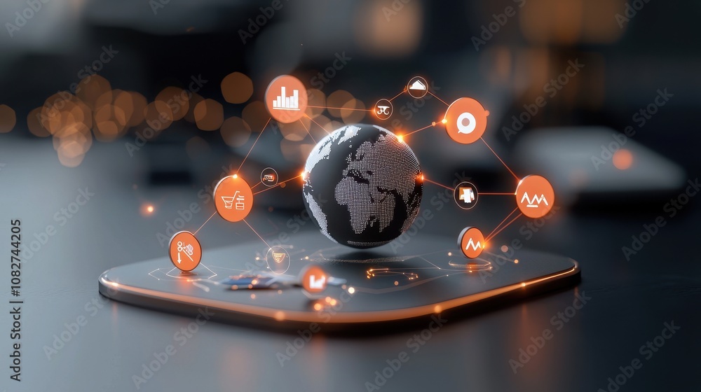 Poster global connectivity and data visualization concept with 3d globe, icons representing technology, ana