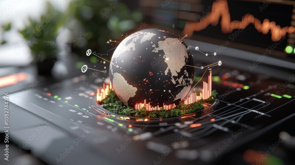 Poster futuristic digital globe with data visualizations and greenery on modern laptop for environmental im