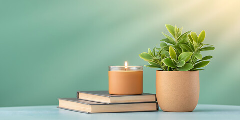 cozy setup with books, candle, and plant for self care
