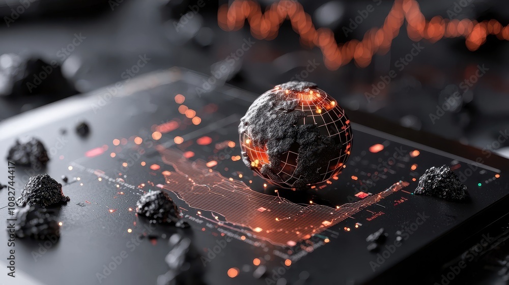 Aufkleber futuristic digital interface with a glowing earth sphere surrounded by data graphs and dark textures