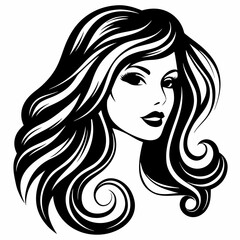 Elegant Black and White Woman Portrait with Flowing Hair. Beauty hair silhouette.