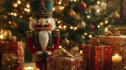 Nutcracker Standing By Presents Under a Christmas Tree