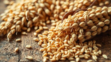Obraz premium Close-up shot of a rich, organic grain texture resembling a rustic wooden board, agriculture, natural, ingredient