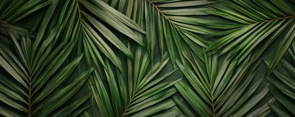 Lush green palm leaves arranged in overlapping patterns create a vibrant, textured background, showcasing the beauty of nature's foliage.