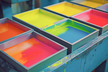 Fototapeta premium Dip painting process, where large metal parts are being submerged in vats of paint for an even coating