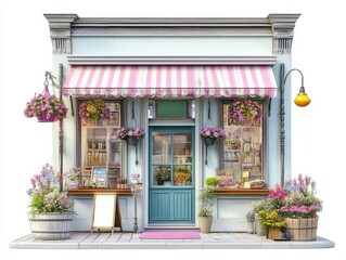Charming shopfront with floral decorations and pastel-colored awning, white background.