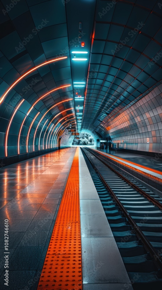Poster an empty subway platform with orange and white lines, illuminated by overhead lights.