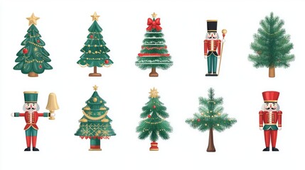 Nutcrackers and Christmas trees, traditional theme, colorful, isolated on white background