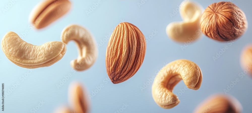 Poster assortment of delicious mixed nuts in a dynamic falling pattern on a subtle blue background