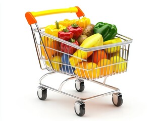Colorful grocery cart filled with fresh fruits and vegetables, white isolate background