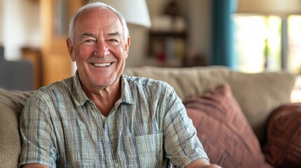 Obraz premium A cheerful elderly man smiles warmly while sitting comfortably on a sofa in a cozy living room during the afternoon