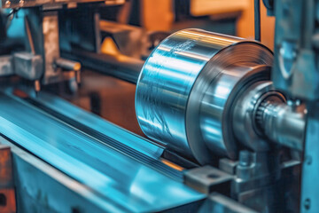 Naklejka premium Facility producing metal roofing panels, with machines rolling and cutting sheets of metal to specific dimensions