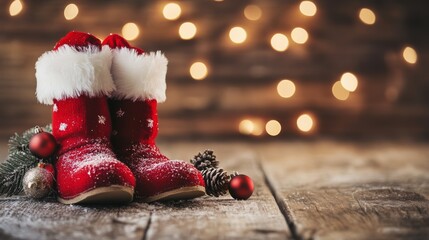 Red Santa boots adorned with Christmas decorations sit on a textured wooden surface, surrounded by twinkling lights during the festive season