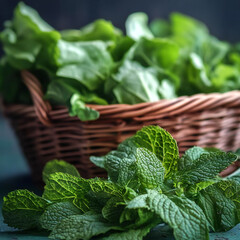 Fresh Mint and Lettuce in Rustic Wicker Basket