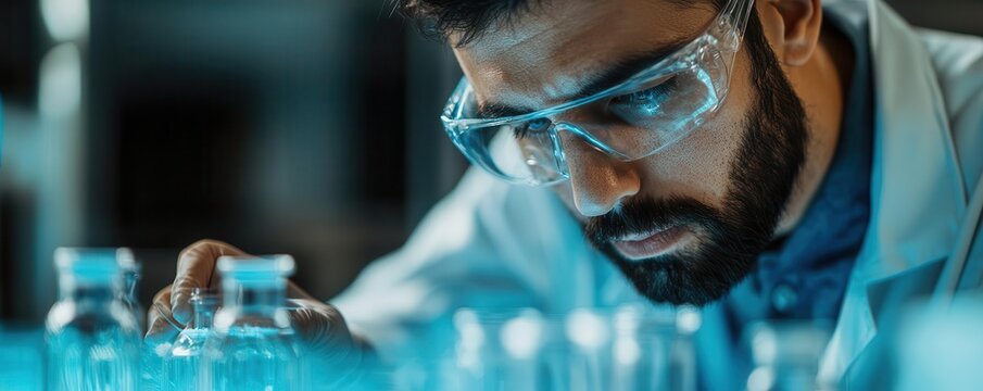 food technology innovation in the lab-grown industry. A scientist in protective gear examines laboratory test tubes, focused on his work in a research environment.