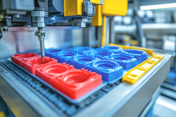 Fototapeta premium Factory producing plastic toys, with colorful molds and machines shaping different toy parts