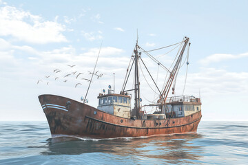 Fishing boat out at sea, with anglers reeling in large fish and using high-tech fishing gear