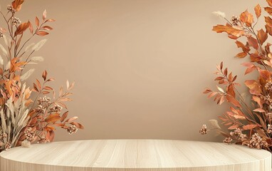 Elegant autumn backdrop with dried floral arrangements and a wooden stage for a cozy event or photo session