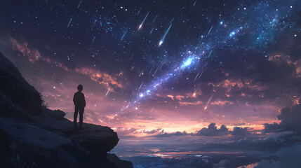 Fototapeta premium Observe the ephemeral beauty of a meteor shower as multiple meteors illuminate the night sky. Ephemeral. Illustration