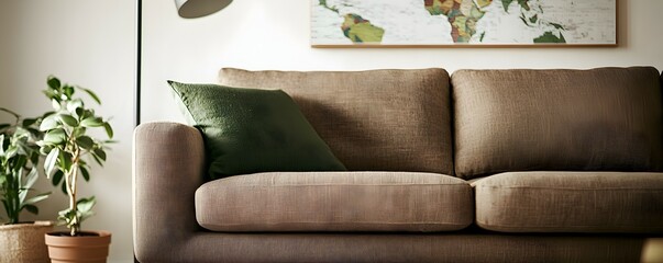 Nature-Inspired Living Room with Warm Brown Linen Sofa - Relaxing Earth-Tone Decor and Lush Potted Plants for a Cozy Inviting Atmosphere