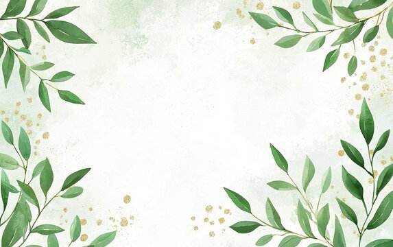 Fresh green foliage and delicate golden accents create a serene background ideal for invitations, cards, or announcements