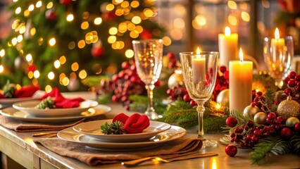 Romantic Holiday Dinner Table Setting with Elegant Decorations and Festive Atmosphere