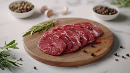 Red veal meat slices presented on a wooden board surrounded by assorted spices in a clean kitchen setting