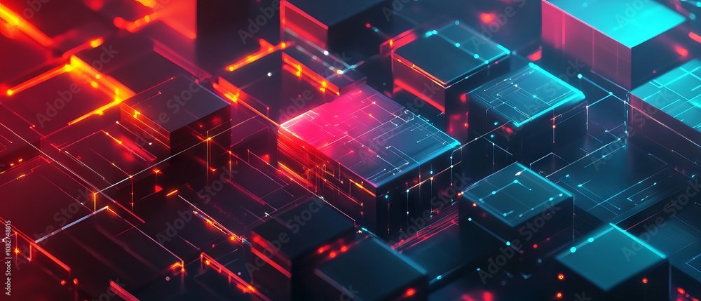 Poster abstract geometric background featuring isometric digital blocks symbolizing blockchain technology a