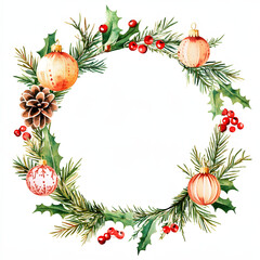 Fototapeta premium Watercolor Christmas frame with balls and flowers on white background