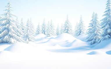 Snow-covered landscape with evergreen trees under a clear sky in a serene winter setting