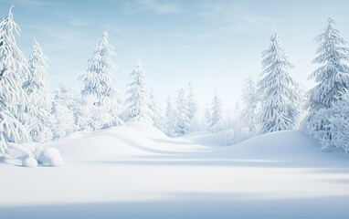 Snow-covered landscape with towering evergreen trees in a tranquil winter wonderland during daylight hours